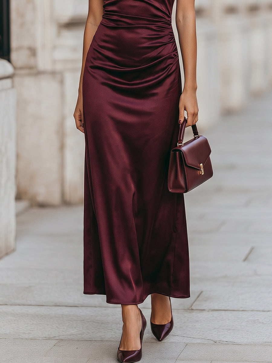 Draped High Neck Satin Ruched Waist Maxi Dress