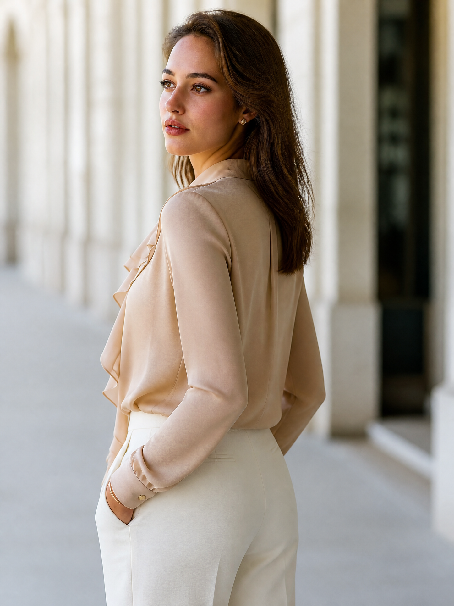 Symmetric Ruffle-Front Stand-Collar Blouse