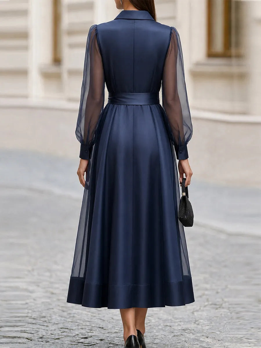 Formal OccasionSheer Tulle  Sleeve Satin Midi Shirt Dress With Self Tie Belt