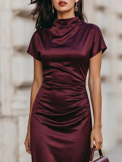 Draped High Neck Satin Ruched Waist Maxi Dress