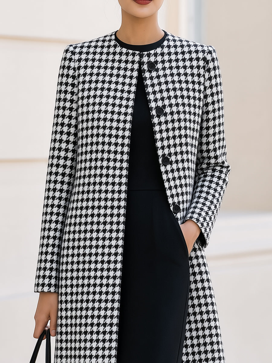 Black & White Houndstooth Coat & Black Midi Dress Two-Piece Co-Ord Set