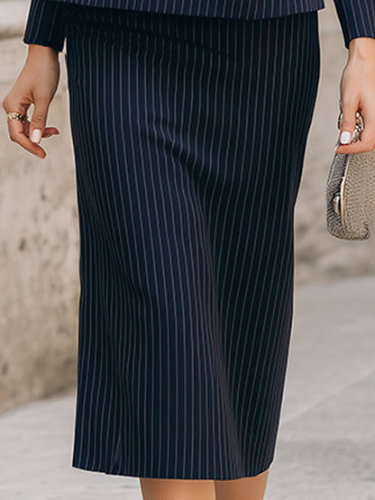 Navy Pinstripe Tailored Blazer And Pencil Skirt Suit Set