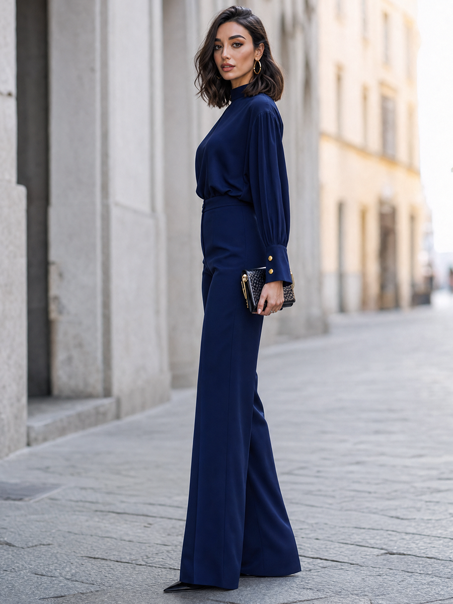 High-Neck Blouson Top And Wide-Leg Pants Set