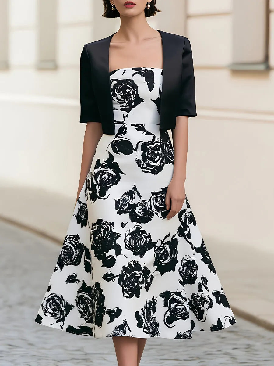Black Satin Bolero & White Rose Print Strapless Midi Dress Two-Piece Set