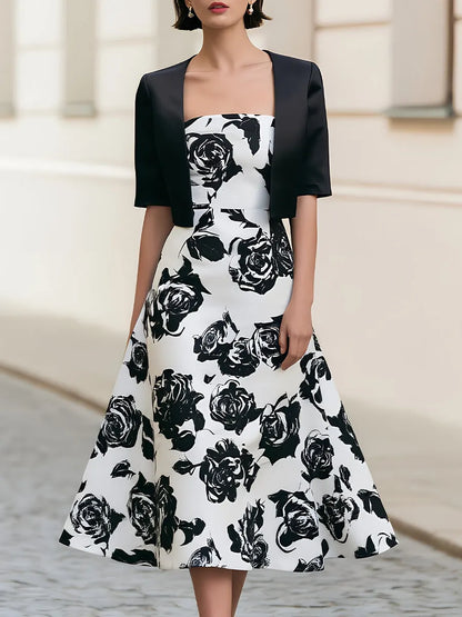 Black Satin Bolero & White Rose Print Strapless Midi Dress Two-Piece Set