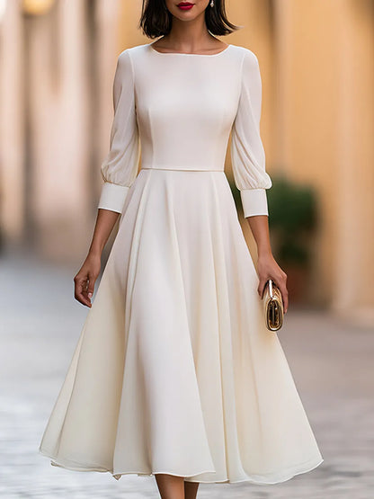 Bateau Neck Bishop Sleeve A-Line Midi Dress