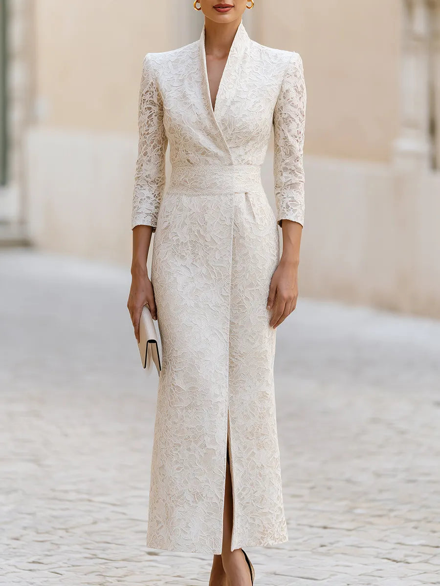 Ivory Lace Wrap-Collar Maxi Dress(Paired with a lace belt)