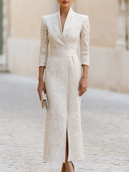 Ivory Lace Wrap-Collar Maxi Dress(Paired with a lace belt)