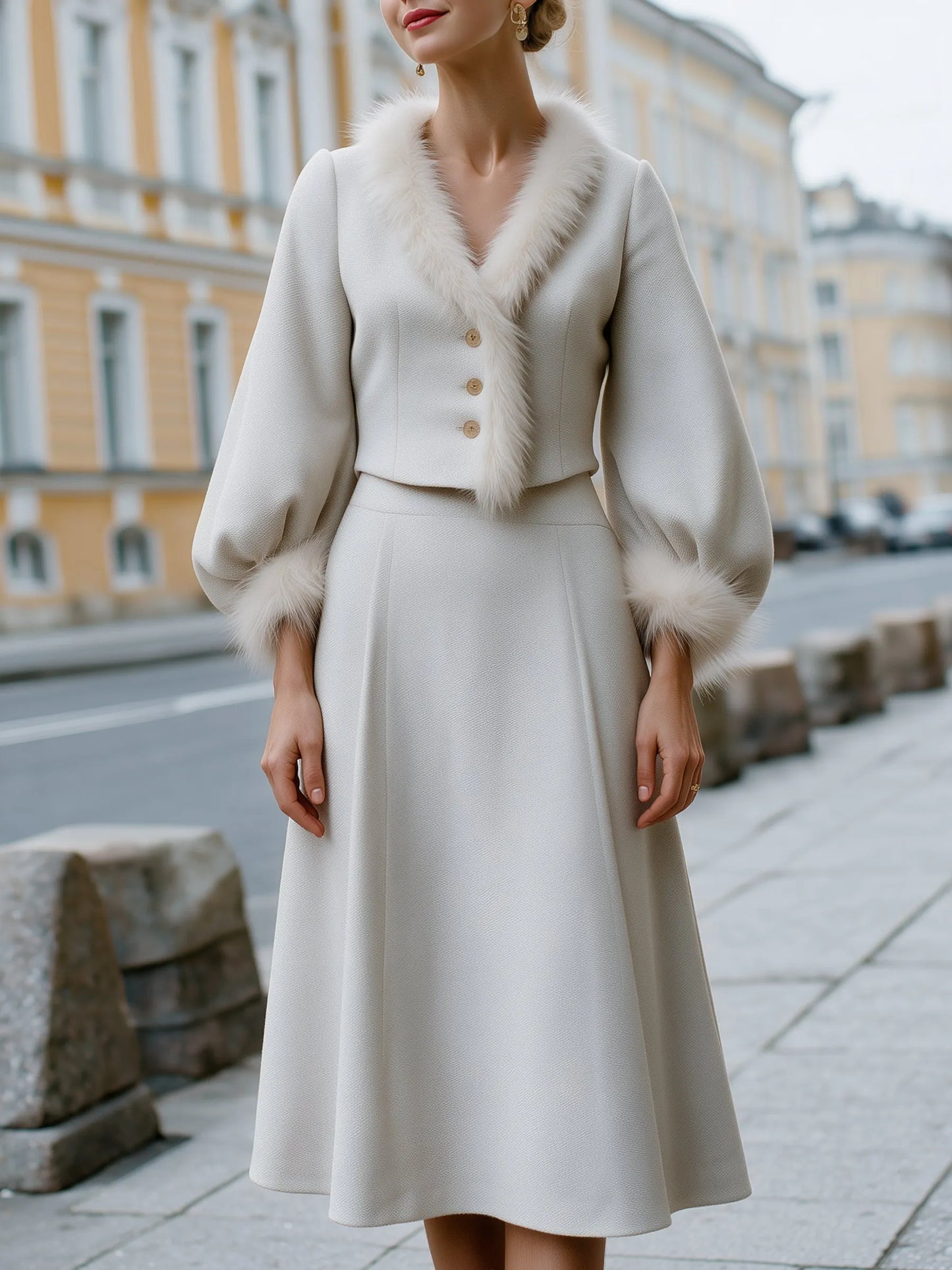Faux-Fur Trim Wool-Texture Jacket And A-Line Skirt Set