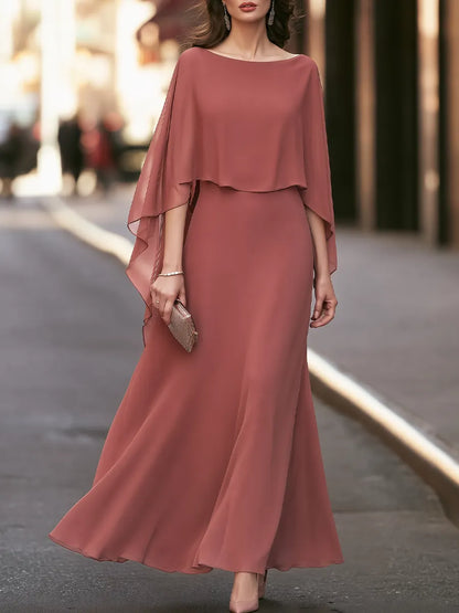 Elegant Cape Sleeve Chiffon Maxi Evening Dress