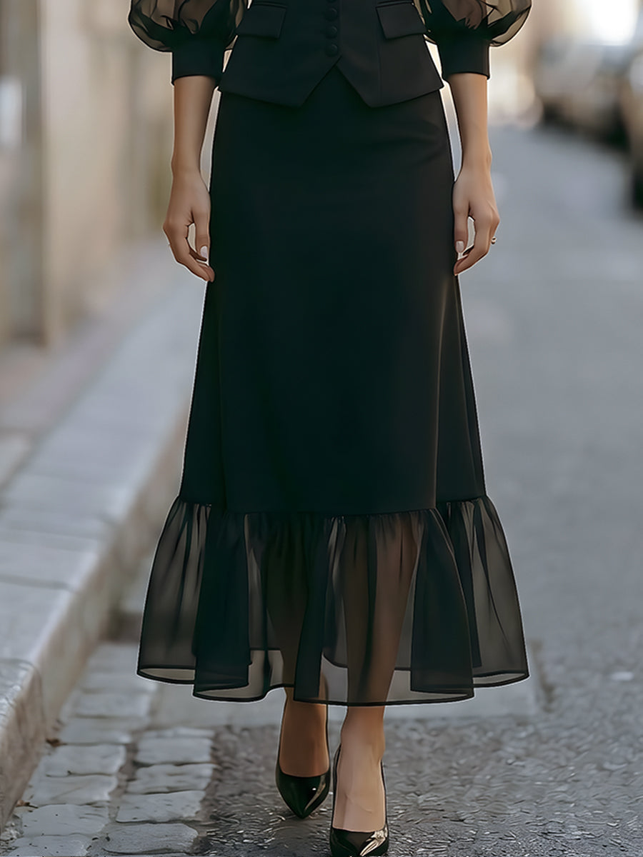 Sheer Puff Sleeve Button-Front Corset Top & Slim Midi Skirt Set