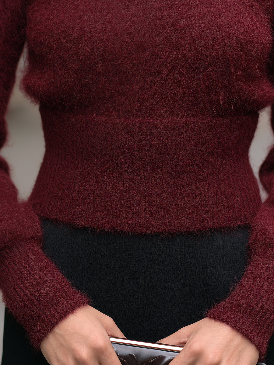 Fuzzy Knit Keyhole Waist-Defined Sweater