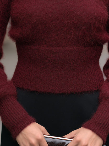 Fuzzy Knit Keyhole Waist-Defined Sweater