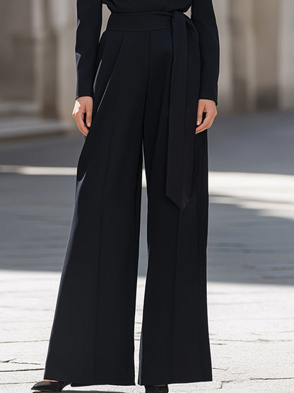 Mock-Neck Top & Wide-Leg Tie-Waist Trousers Two-Piece Set