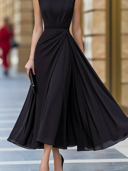 Sleeveless Chiffon Pleated A-Line Midi Dress