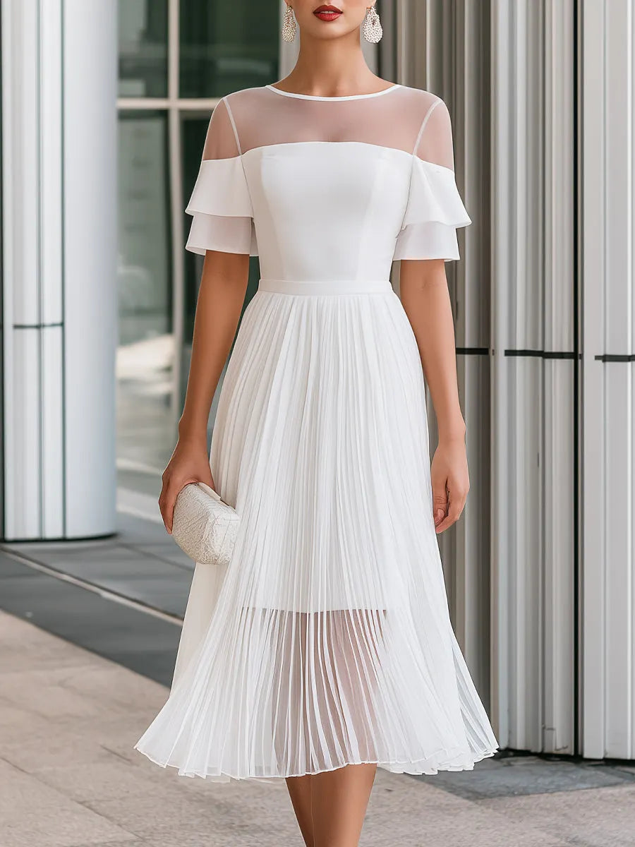 Sheer Mesh Neck Chiffon Pleated A-Line Midi Dress