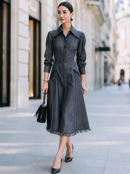 Washed Denim Shirt Dress With Frayed Hem Detail