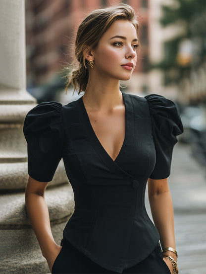 Puff-Sleeve Wrap-Front Tailored Blouse