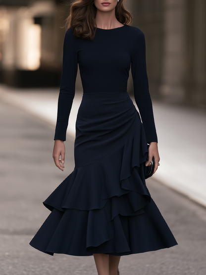 Long-Sleeve Fitted Midi Dress With Cascading Tiered Ruffle Hem