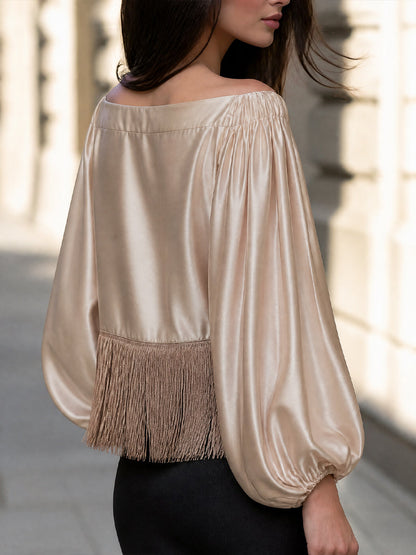 Satin Fringe Detail Puff Sleeves Off-Shoulder Blouse