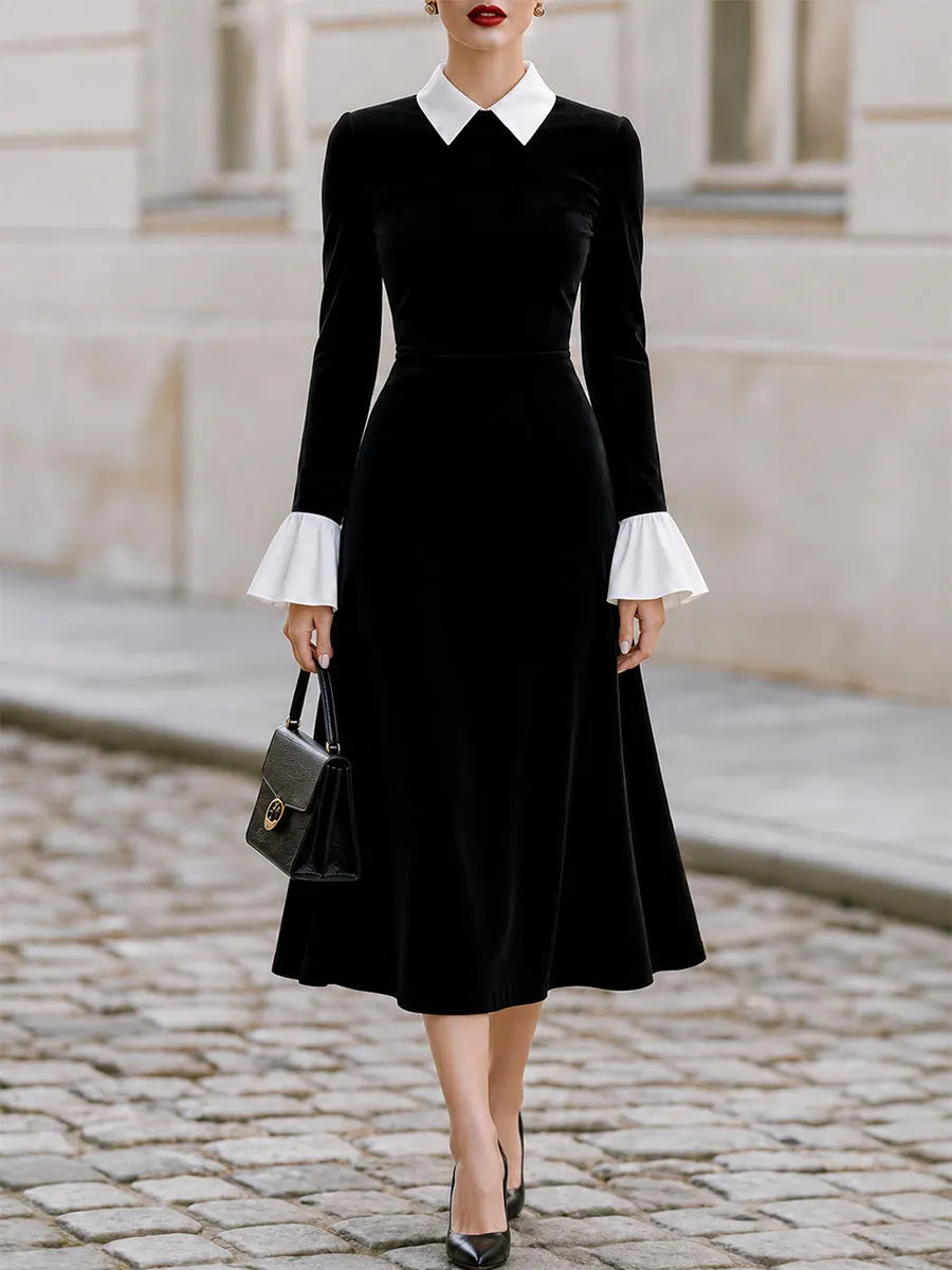 Contrast White Collar Flare Cuff Black Velvet Midi Flared Dress