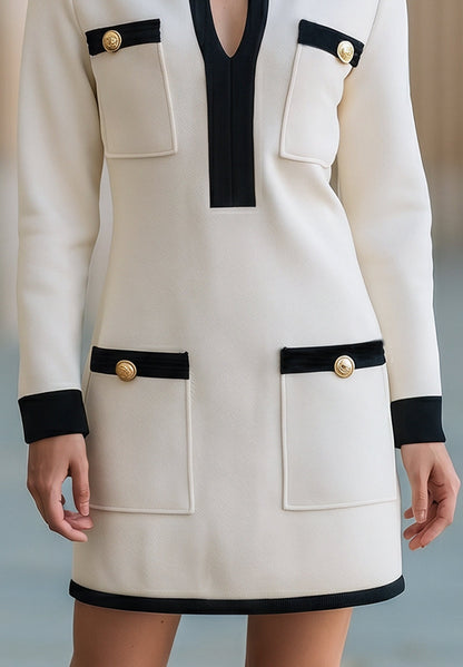 Contrast-Trim Pocket Long-Sleeve Mini Dress