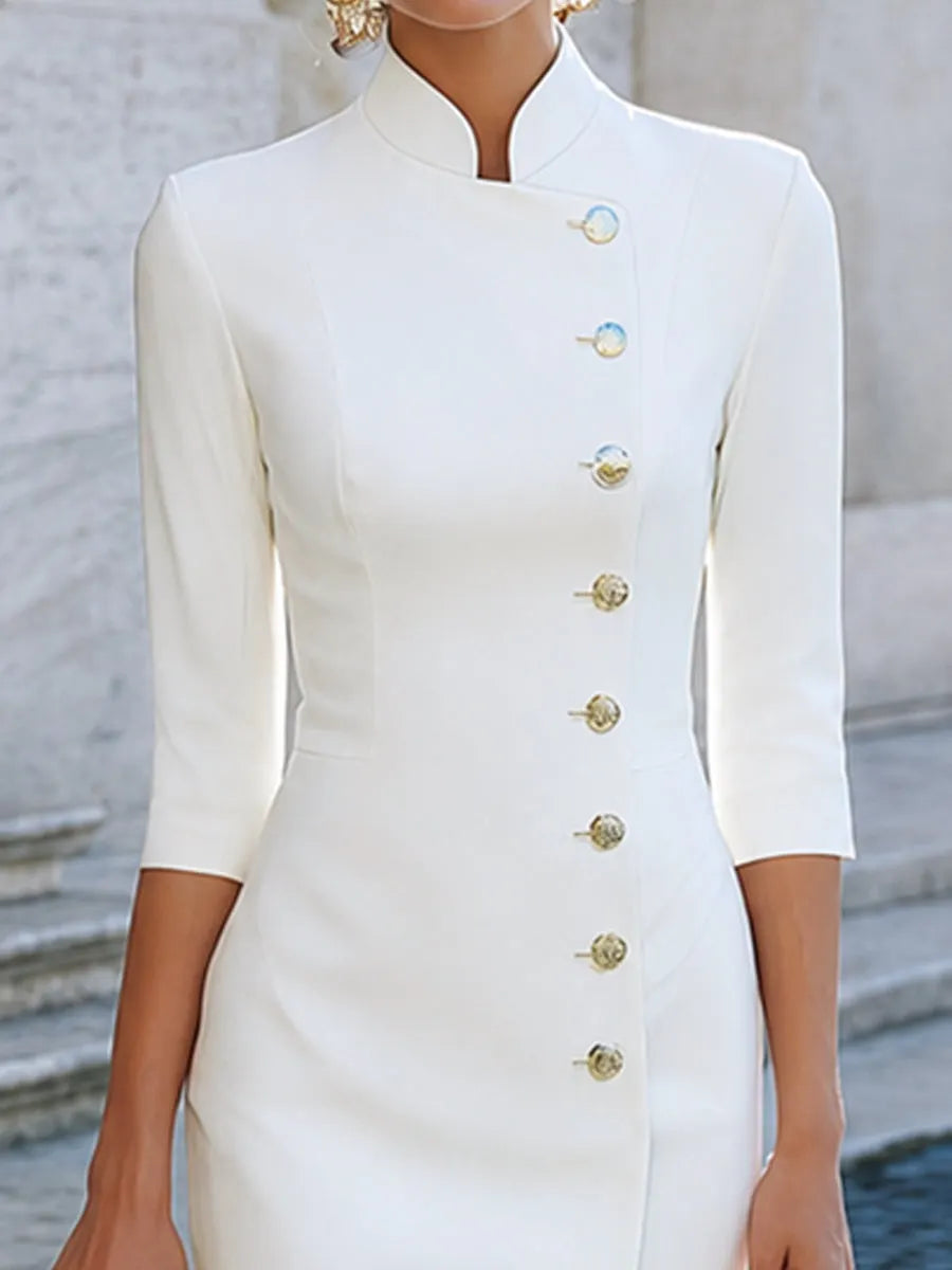 Gold Button Mandarin Collar Tailored Midi Dress