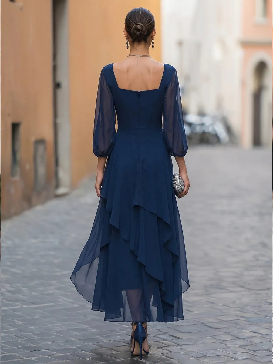 Chiffon Square Neck High-Low A-Line Midi Dress