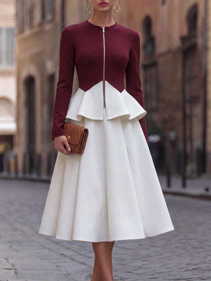 Color-Block Peplum Zip-Front Midi Dress