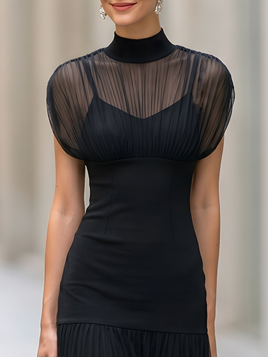 High-Neck Sheer Tulle Overlay Maxi Dress With Fitted Bodice