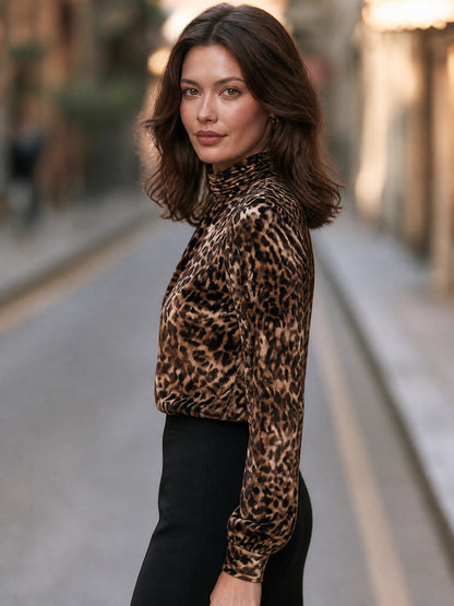 Women's Leopard Print High Neck Long Sleeve Blouse Top
