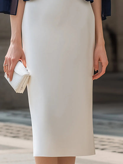 Jacquard Mesh Sleeve Cropped Jacket & White Square Neck Pencil Midi Dress Two-Piece Set