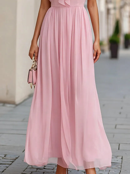 Romantic Ruffle V-Neck Flowing Chiffon Maxi Dress