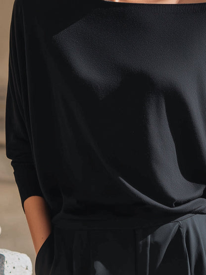Relaxed Off-Shoulder Batwing Sleeve Knit Top