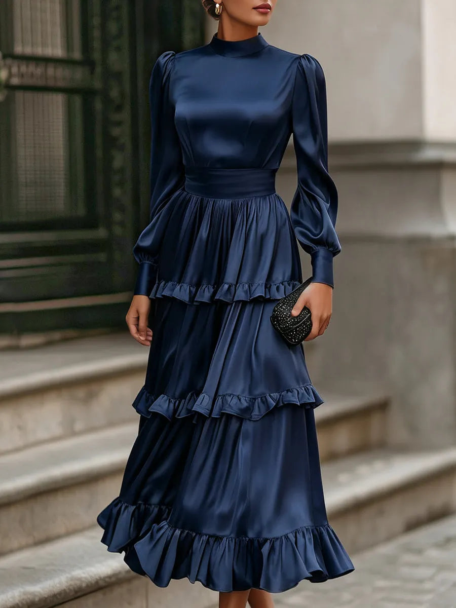 Long Bishop Sleeves Satin Tiered Ruffle Midi Dress