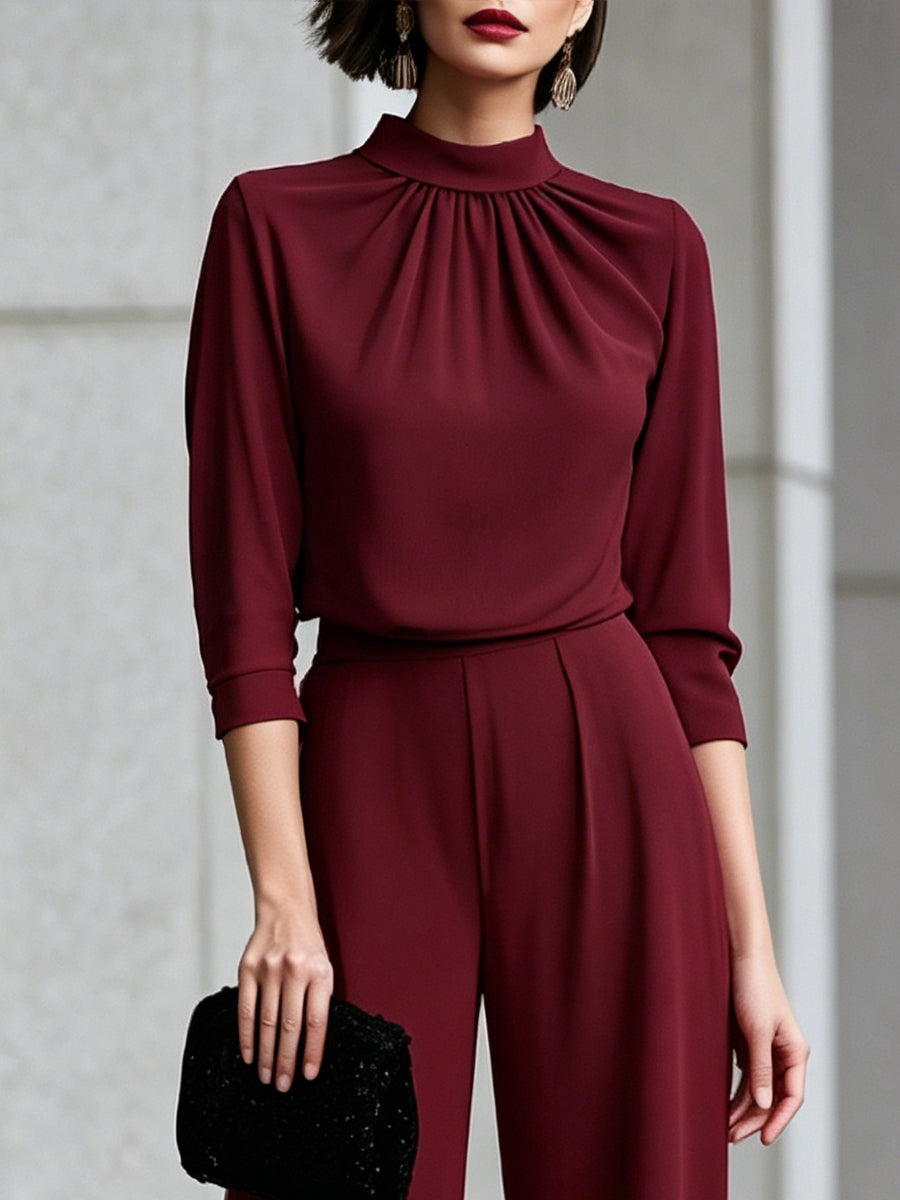 Draped High-Neck Pleated Blouse Wide-Leg Suit Set