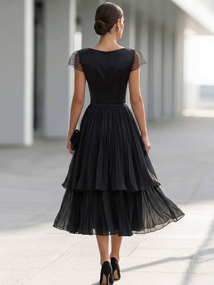 Elegant Formal Cowl Neck Satin Bodice Layered Chiffon Midi Cocktail Dress