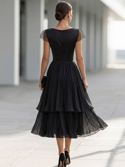 Elegant Formal Cowl Neck Satin Bodice Layered Chiffon Midi Cocktail Dress