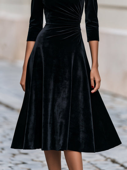 Bateau Boat Neck 3/4 Sleeve Side Ruched Velvet Midi Dress