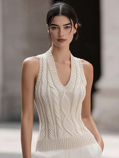V-Neck Cable-Knit Sleeveless Fitted Sweater Top