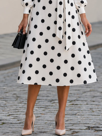 Polka Dot Round Neck Balloon Sleeve Belted A-Line Midi Dress