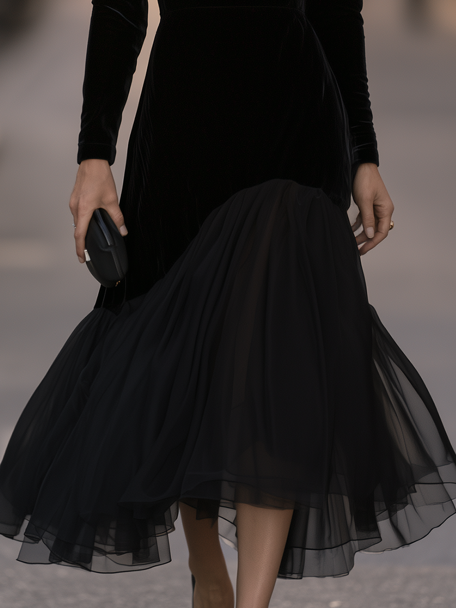 Mock-Neck Sheer Godet Hem Velvet Trumpet Maxi Dress