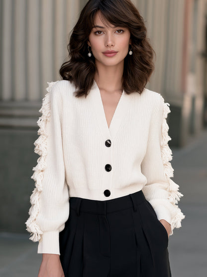Fringe Sleeve Button-Up Knit Cardigan