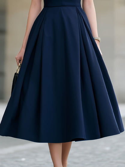 Asymmetric Cape-Sleeve Flare Midi Dress