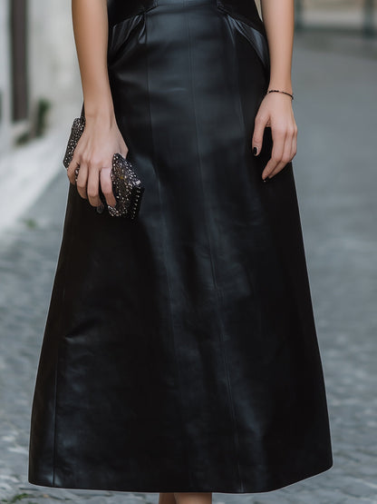 Sheer Mesh Panel Faux Leather A-Line Midi Dress
