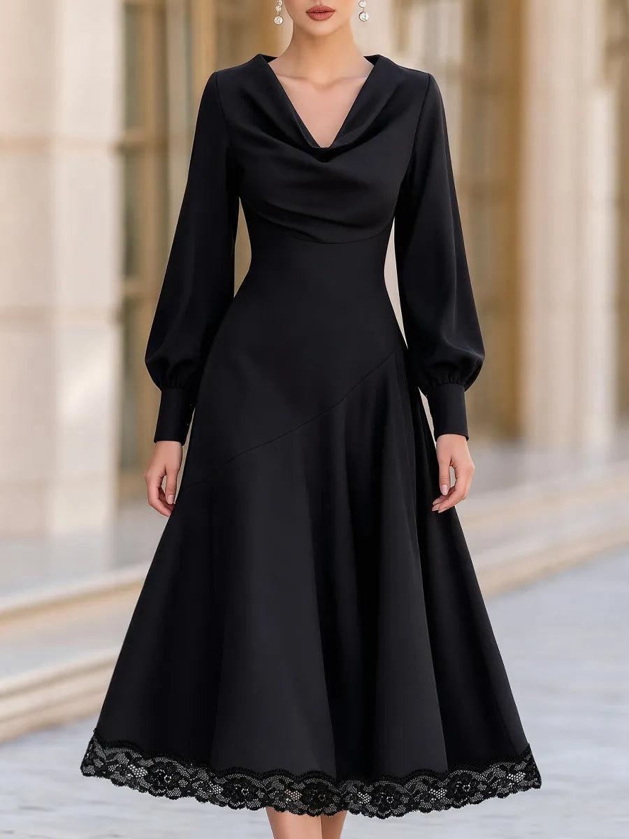 Draped Cowl Neck Lace Hem A-Line Midi Dress