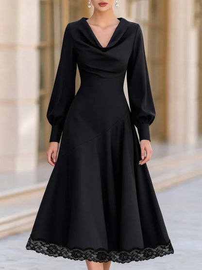 Draped Cowl Neck Lace Hem A-Line Midi Dress