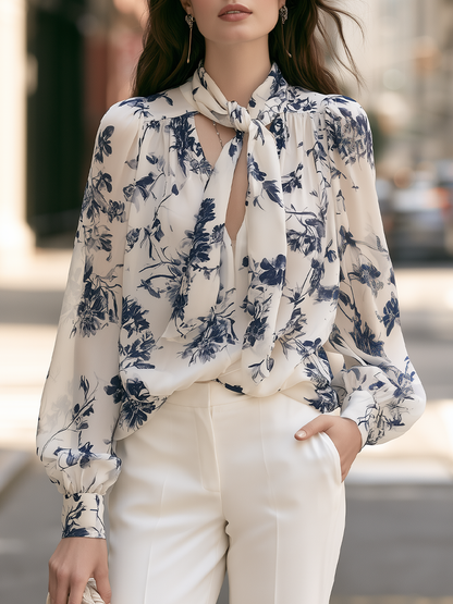 Floral Tie-Neck Balloon-Sleeve Blouse