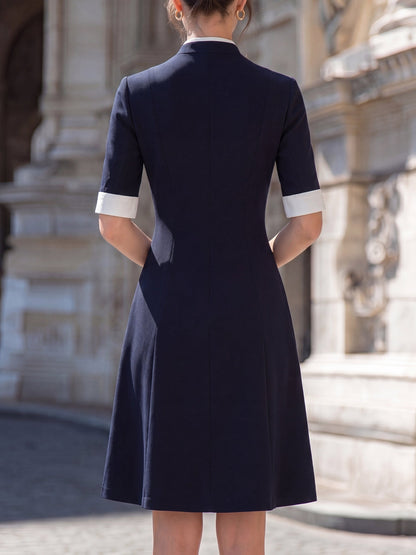 Contrast Trim Mandarin Collar Button-Down A-Line Midi Dress