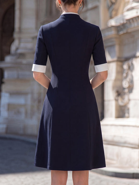 Contrast Trim Mandarin Collar Button-Down A-Line Midi Dress